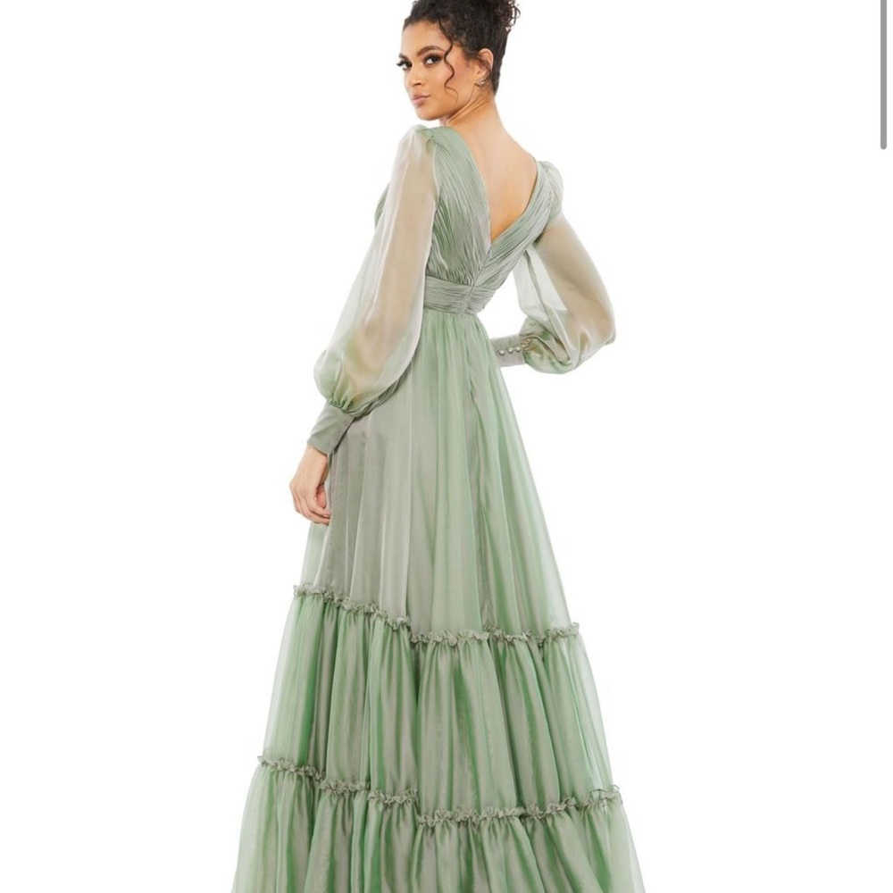 Mac Duggal Peasant Skirt V - Neck Dress, Long Sleeve Sage Gown New with Tags - Picture 3 of 15
